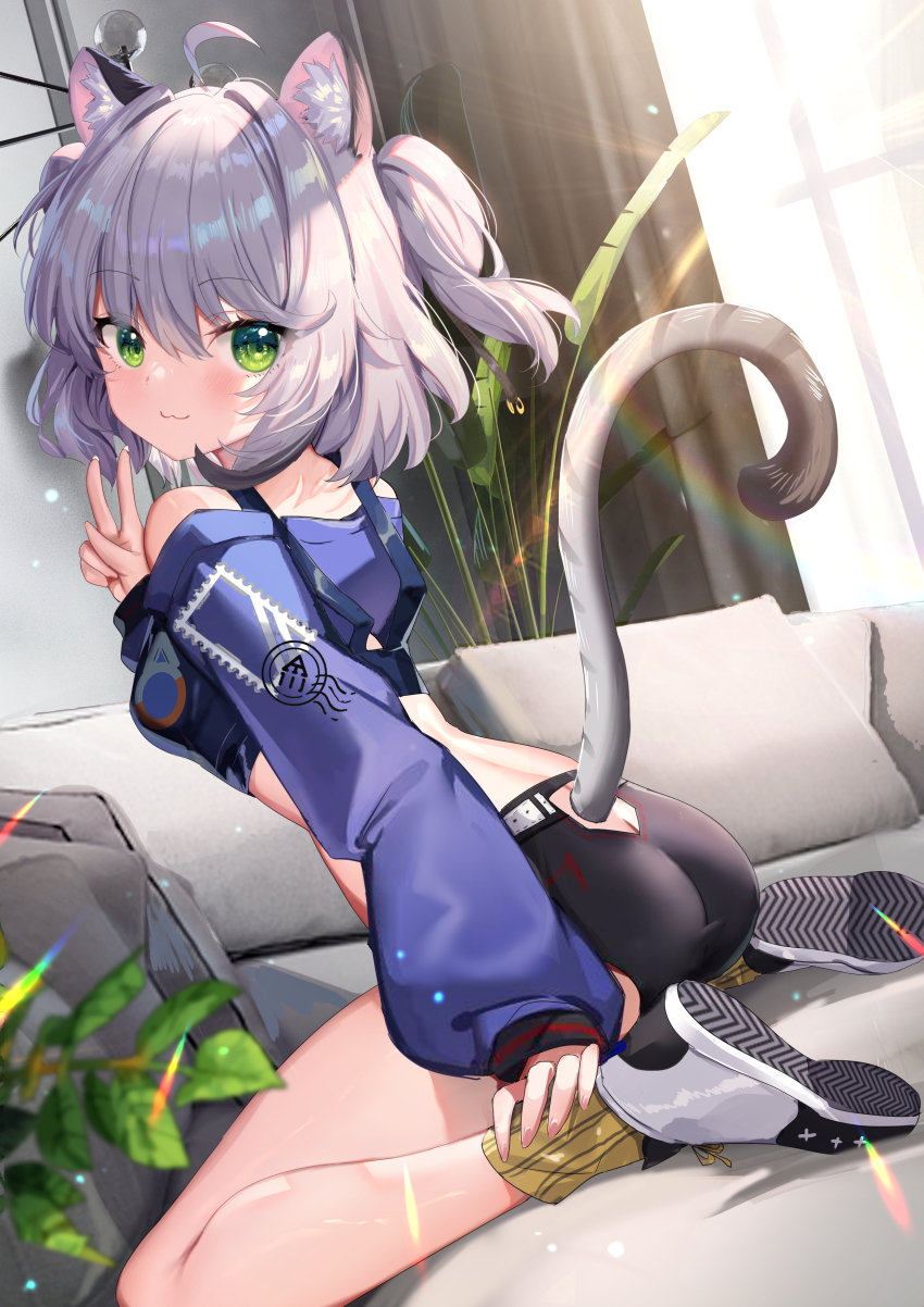 1girl, :3, absurdres, ahoge, animal_ears, ass, bare_shoulders, black_shorts