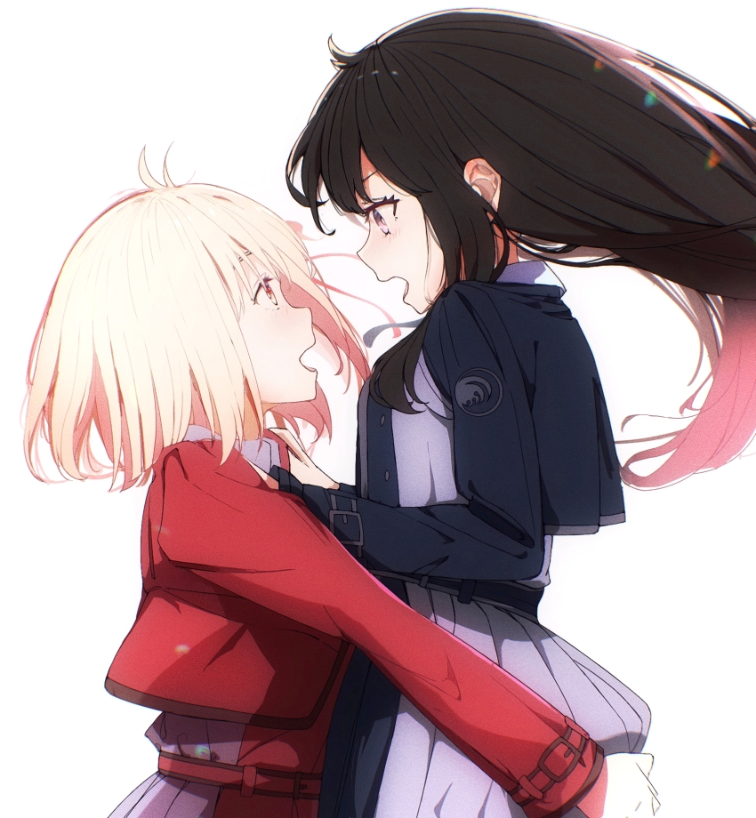 2girls, black_hair, blonde_hair, blue_eyes, breasts, carrying, carrying_person, dress