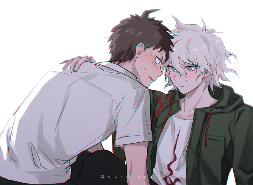 2boys, ahoge, artist_name, black_pants, blush, boleum_(dgrpluna), brown_hair, closed_mouth