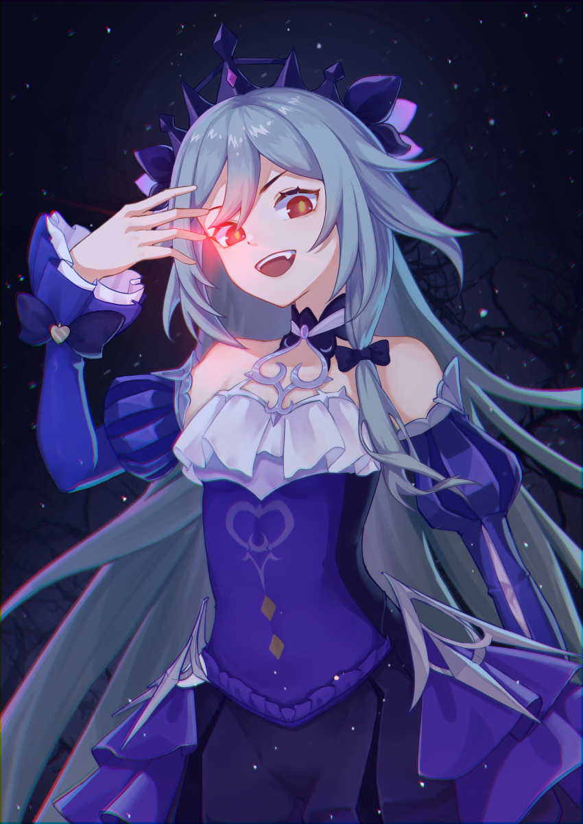 1girl, :d, absurdres, bare_shoulders, black_background, black_hair, bow, company_connection, cosplay, dress, fischl_(ein_immernachtstraum)_(genshin_impact), fischl_(ein_immernachtstraum)_(genshin_impact)_(cosplay), fischl_(genshin_impact), genshin_impact, glowing, glowing_eye, hair_bow, hair_ornament, herrscher_of_sentience, highres, honkai_(series), honkai_impact_3rd, huang_tie_lin, long_hair, long_sleeves, looking_at_viewer, mihoyo, off-shoulder_dress, off_shoulder, open_mouth, purple_dress, red_eyes, smile, solo, voice_actor_connection