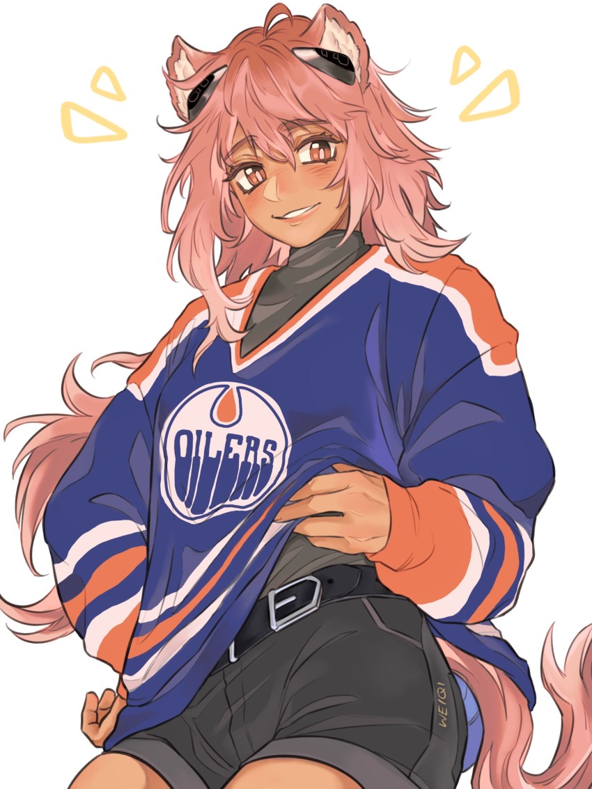 absurdres, ahoge, animal_ears, arknights, belt, black_belt, black_shorts, blue_shirt