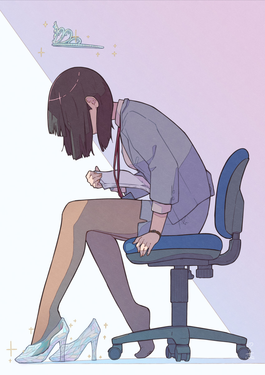 1girl, black_hair, bob_cut, bracelet, breasts, brown_pantyhose, chair, cinderella_(disney_movie)