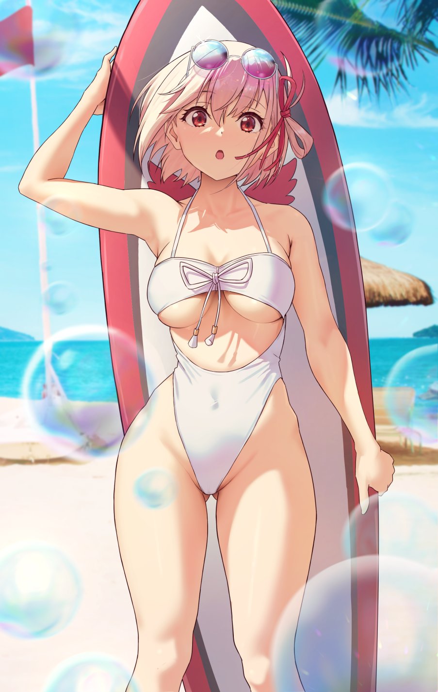 1girl, :o, beach, beach_chair, blonde_hair, blue_sky, breasts, bubble, collarbone, eyewear_on_head, hair_between_eyes, hair_ribbon, highleg, highleg_one-piece_swimsuit, highres, holding, holding_surfboard, large_breasts, looking_at_viewer, lycoris_recoil, nishikigi_chisato, ocean, one-piece_swimsuit, palm_leaf, red_eyes, red_flag, red_ribbon, ribbon, short_hair, sky, solar_(happymonk), solo, sunglasses, surfboard, swimsuit, white_one-piece_swimsuit