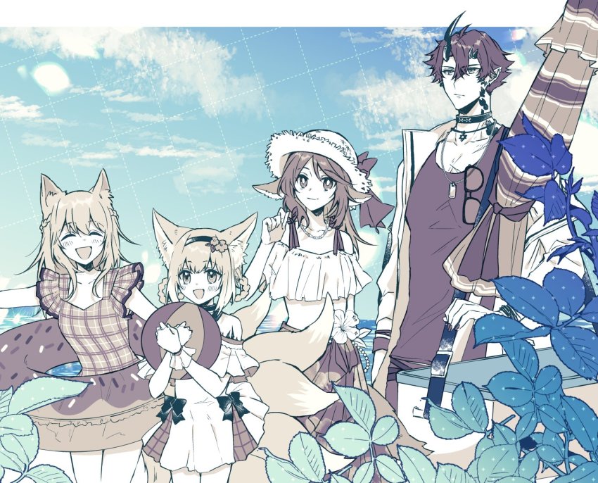 1boy, 3girls, :d, ^_^, animal_ears, arknights, ball, bare_shoulders