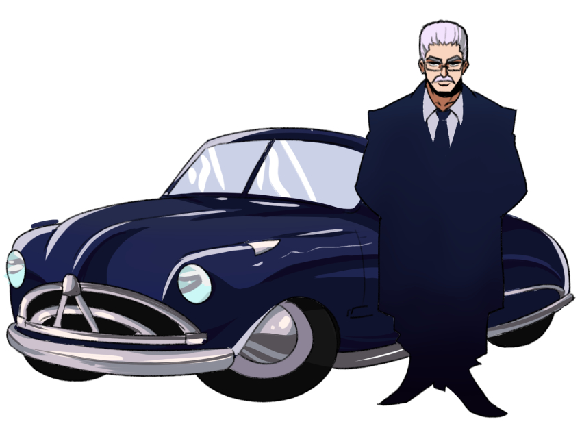 1boy, blue_car, car, cars_(movie), collared_shirt, doc_hudson, facial_hair, formal_clothes, glasses, highres, hudson_hornet, male_focus, motor_vehicle, mustache, necktie, old, old_man, personification, serious, shirt, simple_background, standing, suit, tina_fate, vehicle_and_personification, vehicle_focus, white_background