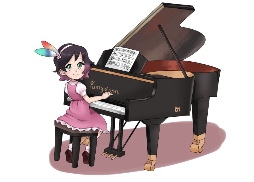 dress, green_eyes, hair_ornament, highres, instrument, jinri_(kemono_friends), kemono_friends, kemono_friends_kingdom, looking_at_viewer, piano, short_hair, simple_background, white_background