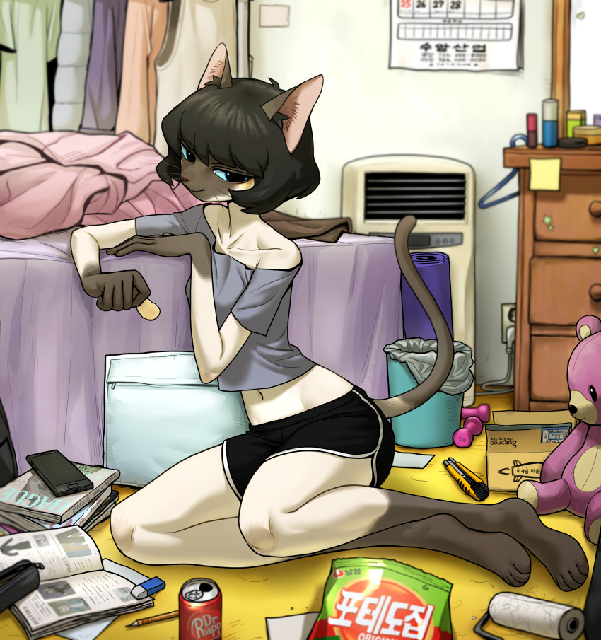 1girl, absurdres, animal_ears, bag_of_chips, bed, bedroom, black_hair, black_shorts, blue_eyes, brand_name_imitation, can, cat_ears, cat_girl, cat_tail, cellphone, chips_(food), dolphin_shorts, eraser, female_focus, food, furry, furry_female, golaegun, grey_skirt, highres, indoors, looking_at_viewer, messy_room, midriff, navel, original, pencil, phone, potato_chips, shorts, sitting, skirt, smartphone, smile, solo, stuffed_animal, stuffed_toy, tail, teddy_bear, whiskers