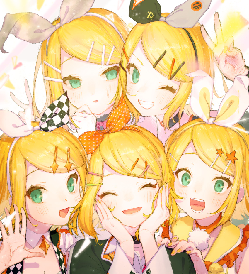 25-ji_nightcord_de._(project_sekai), 25-ji_rin, 5girls, black_jacket, blonde_hair, blush, bow, checkered_clothes