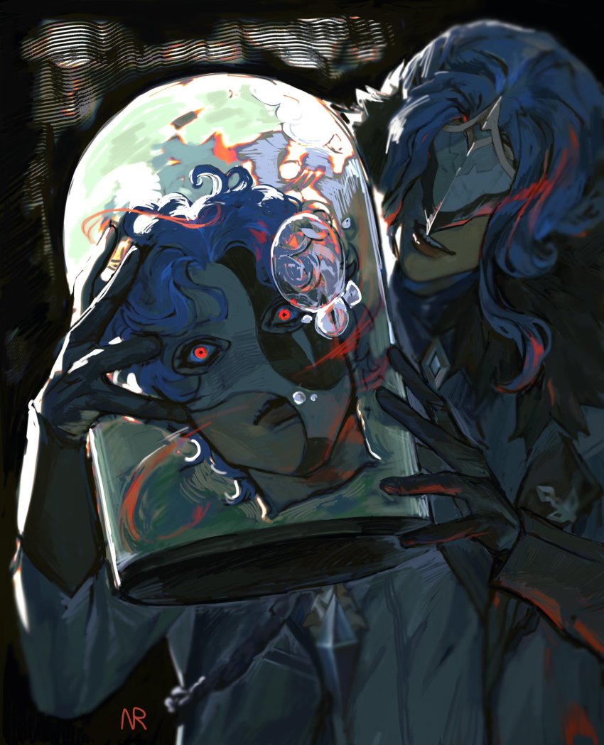 2boys, bishounen, black_gloves, blue_hair, bubble, dottore_(genshin_impact), dottore_(manga)_(genshin_impact), fatui_coat