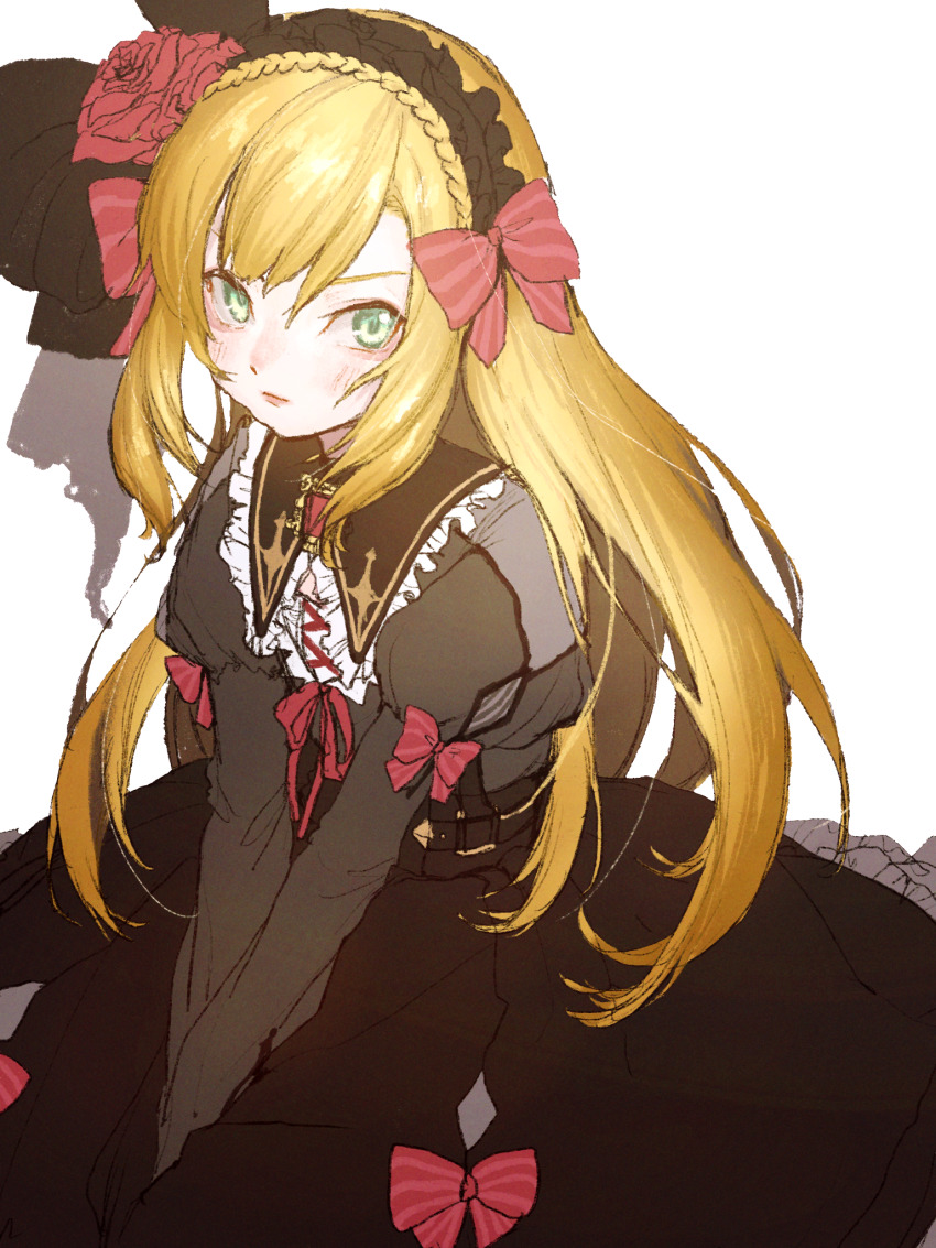 1boy, between_legs, black_dress, black_ribbon, blonde_hair, blush, bow, braid, closed_mouth, cross, cross-laced_clothes, cross_print, crossdressing, crossdressing_(mtf), crown_braid, dress, flower, frilled_hairband, frills, green_eyes, hair_bow, hairband, hand_between_legs, highres, juliet_sleeves, lipstick, long_hair, long_sleeves, looking_at_viewer, makeup, male_focus, nijisanji, pogpa47985618, puffy_sleeves, red_bow, red_flower, red_lips, red_ribbon, red_rose, ribbon, rose, simple_background, solo, swept_bangs, trap, uzuki_kou, uzuki_kou_(4th_costume), v_arms, very_long_hair, virtual_youtuber, white_background