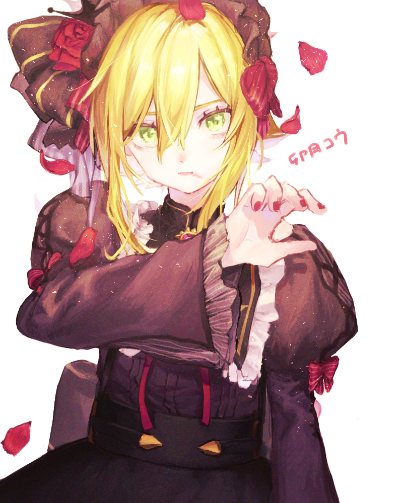 1boy, androgynous, black_bow, black_dress, black_hat, blonde_hair, bonnet, bow