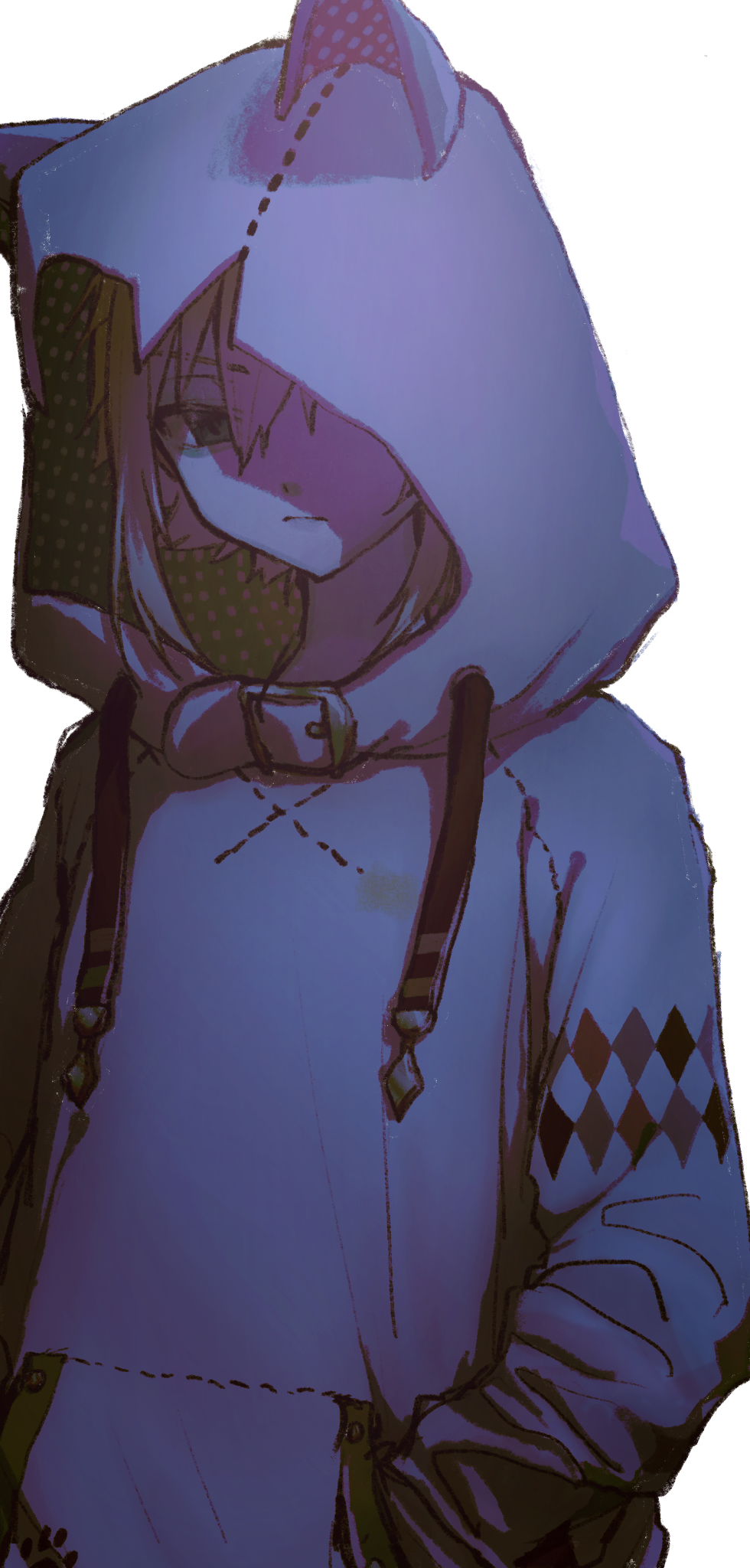 1boy, animal_ears, animal_hood, belt, cat_ears, diamond_(shape), drawstring, fake_animal_ears