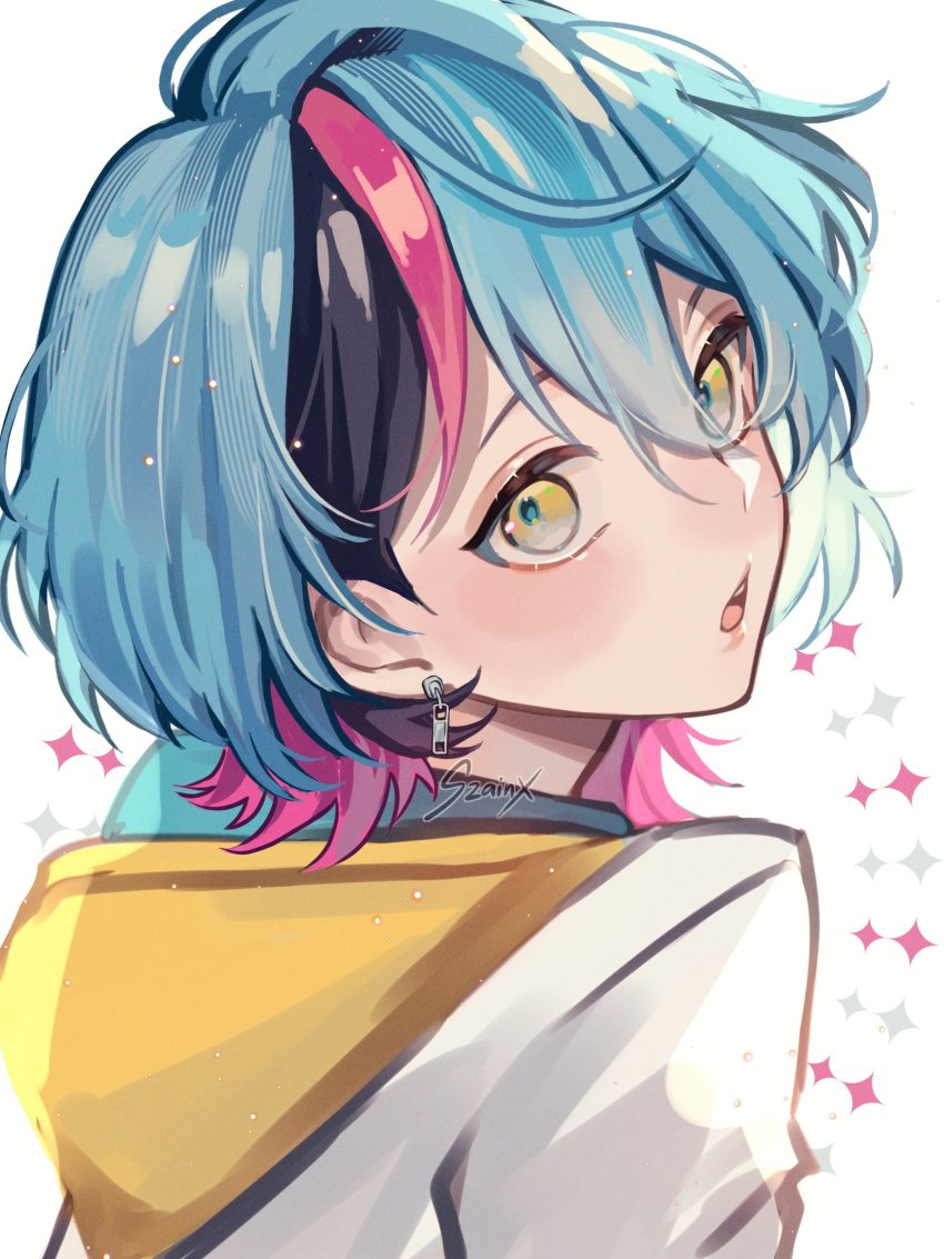 1boy, :o, androgynous, black_hair, blazer, blue_hair, commentary, earrings