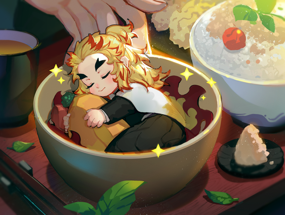 1boy, black_pants, blonde_hair, bowl, cape, chibi, closed_eyes, closed_mouth