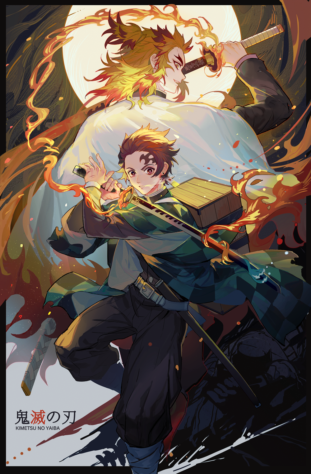 2boys, back-to-back, backpack, bag, belt, black_border, black_pants, blonde_hair