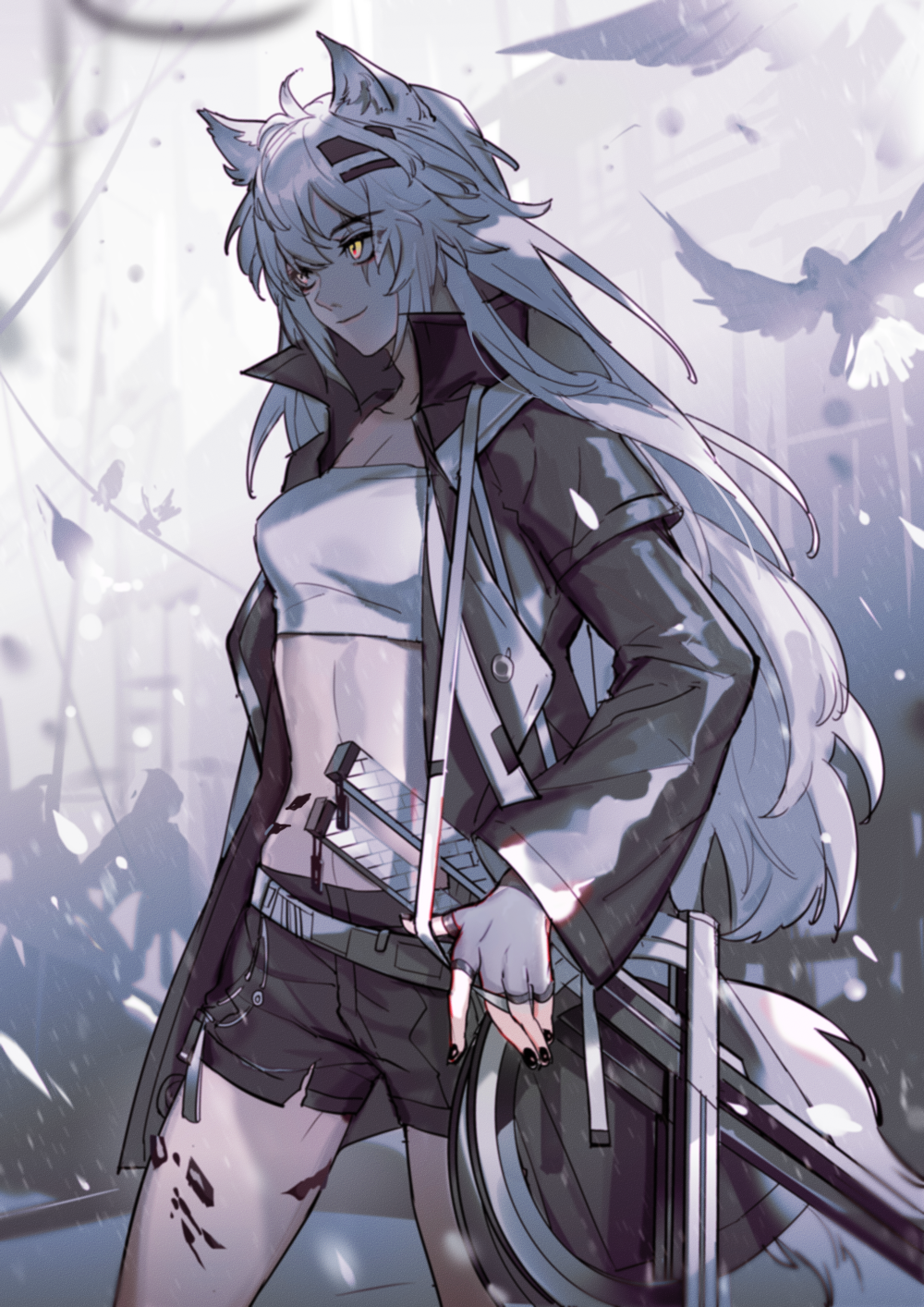 1girl, ahoge, animal, animal_ears, arknights, belt, bird, black_jacket, black_nails, black_shorts, breasts, building, cleavage, closed_mouth, cowboy_shot, ecrsin, fingerless_gloves, gloves, grey_gloves, grey_hair, grey_theme, hair_between_eyes, hair_ornament, hairclip, highres, jacket, lappland_(arknights), layered_sleeves, long_hair, long_sleeves, looking_away, midriff, motion_blur, nail_polish, open_clothes, open_jacket, outdoors, power_lines, scales, scar, scar_across_eye, scar_on_face, shards, short_over_long_sleeves, short_sleeves, shorts, smile, solo, strapless, sword, tail, tube_top, weapon, wind, wolf_ears, wolf_girl, wolf_tail, yellow_eyes