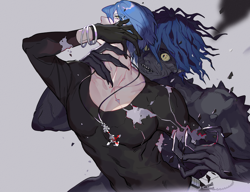 2boys, amputee, angry, bangle, belt, blood, blue_hair, bracelet