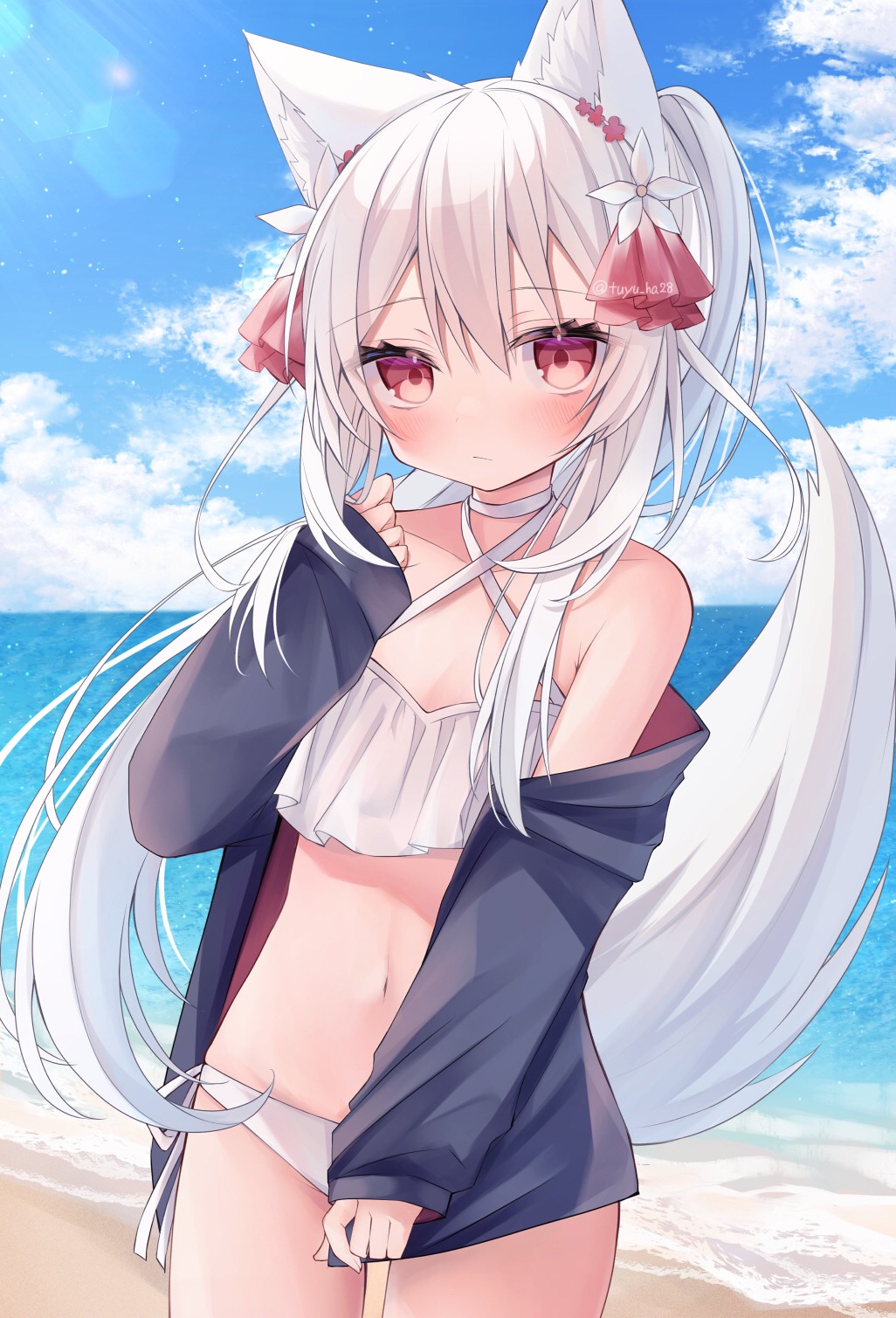 1girl, animal_ear_fluff, animal_ears, bare_shoulders, bikini, bikini_under_clothes, black_jacket, blue_sky