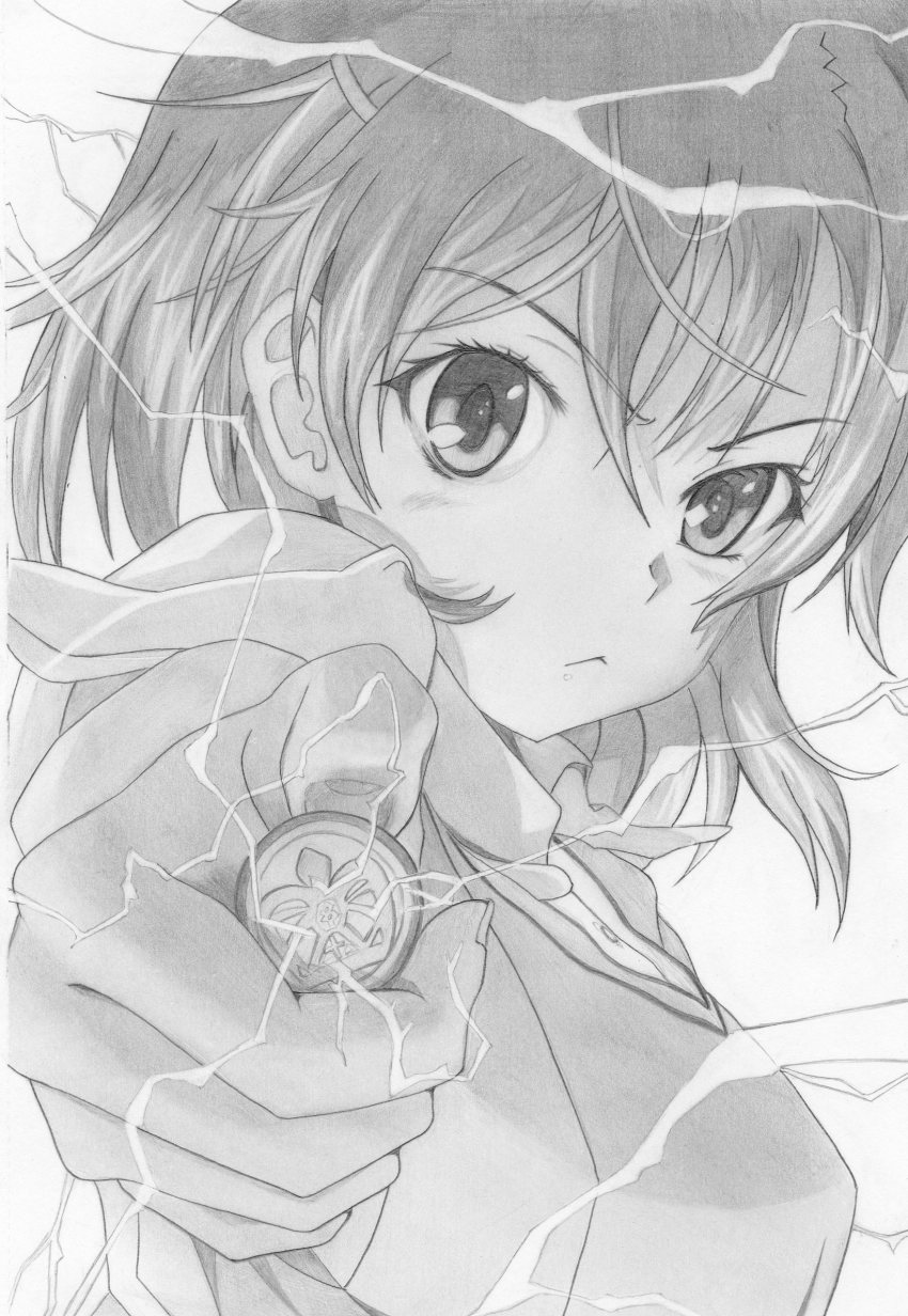 1girl, :<, absurdres, coin, derivative_work, electricity, electrokinesis, female_focus, graphite_(medium), greyscale, hair_ornament, hairclip, highres, misaka_mikoto, monochrome, rinsu, short_hair, solo, toaru_kagaku_no_railgun, toaru_majutsu_no_index, traditional_media