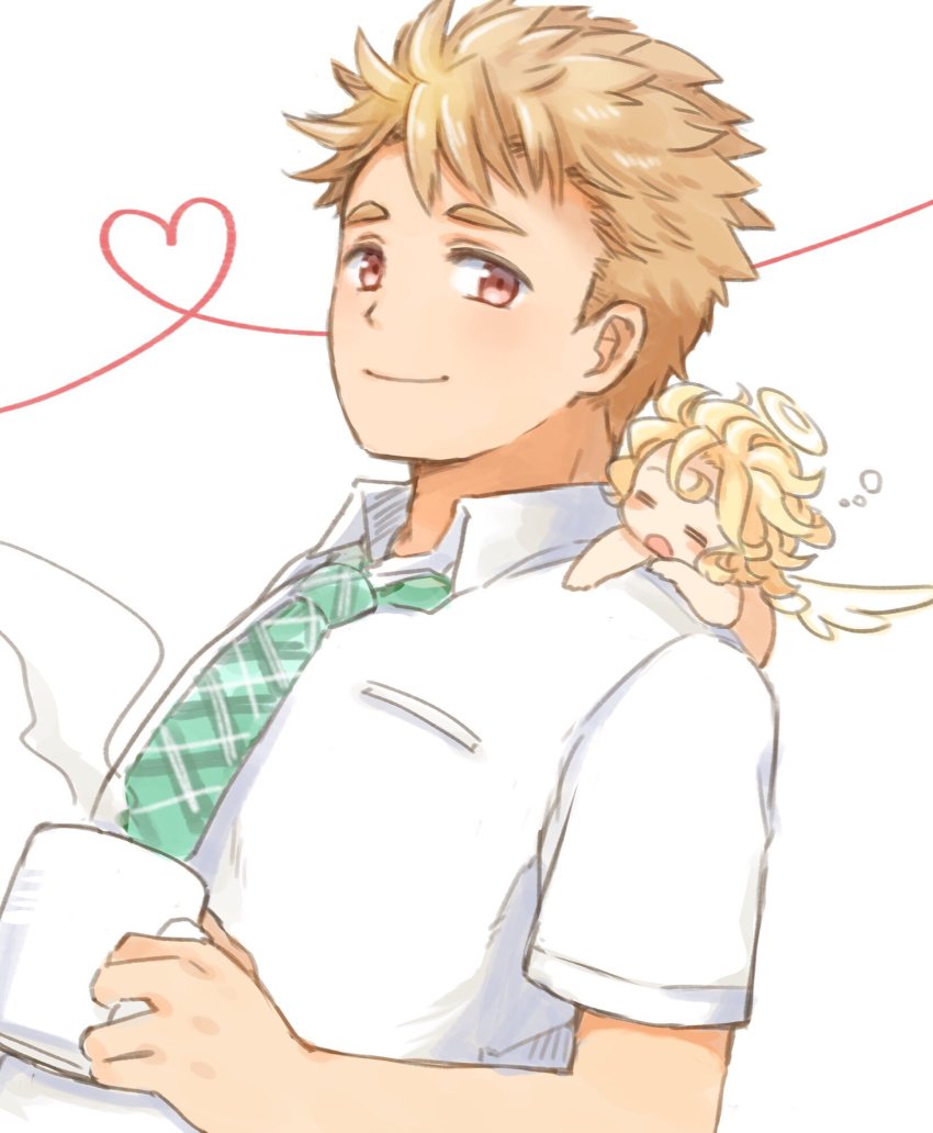 2boys, angel, angel_wings, blonde_hair, cherub, closed_mouth, collared_shirt, cup