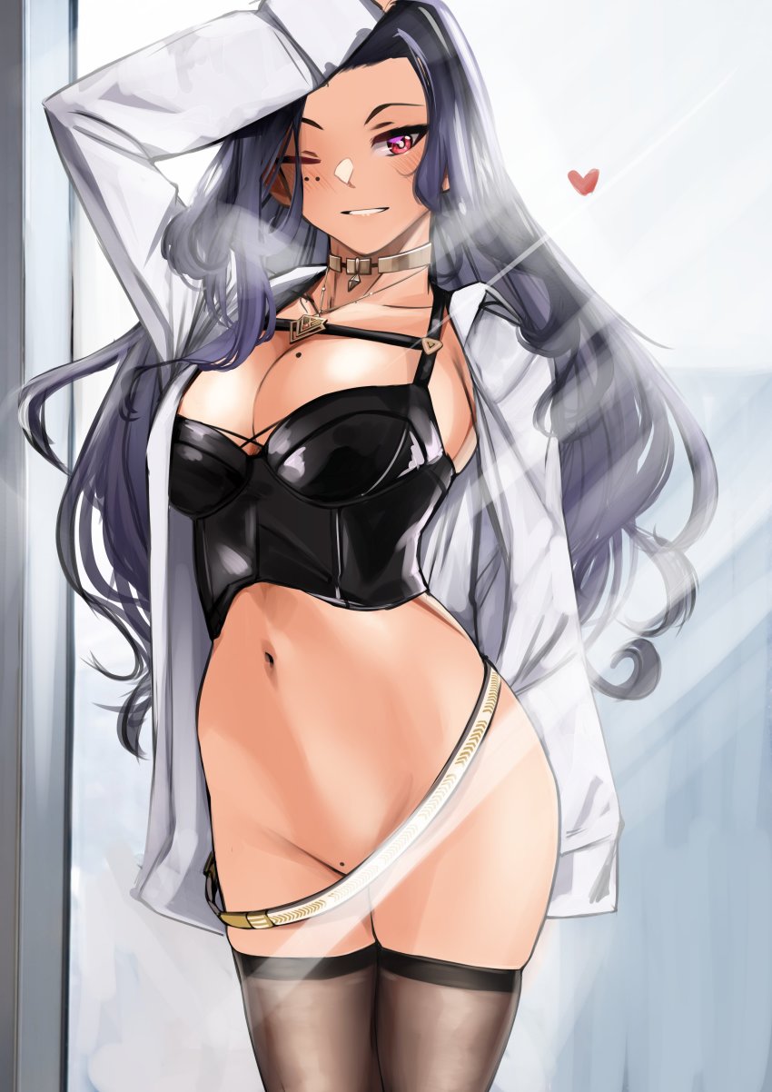 absurdres, black_bustier, black_thighhighs, breasts, bustier, dark-skinned_female, dark_skin, highres