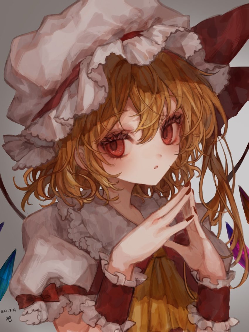 bad_id, bad_twitter_id, commentary_request, flandre_scarlet, grey_background, grey_hat, hair_between_eyes, hat