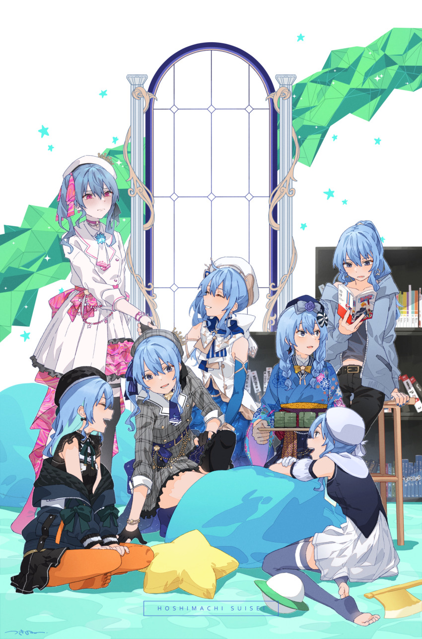 6+girls, :d, ^_^, axe, bare_shoulders, belt, black_belt, black_gloves