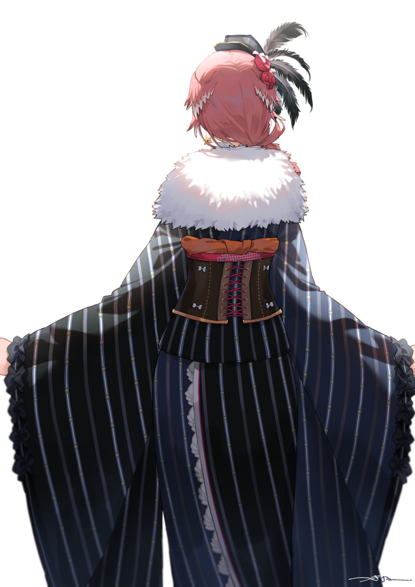 1girl, absurdres, back, back_focus, bird_girl, black_feathers, black_hat, black_kimono