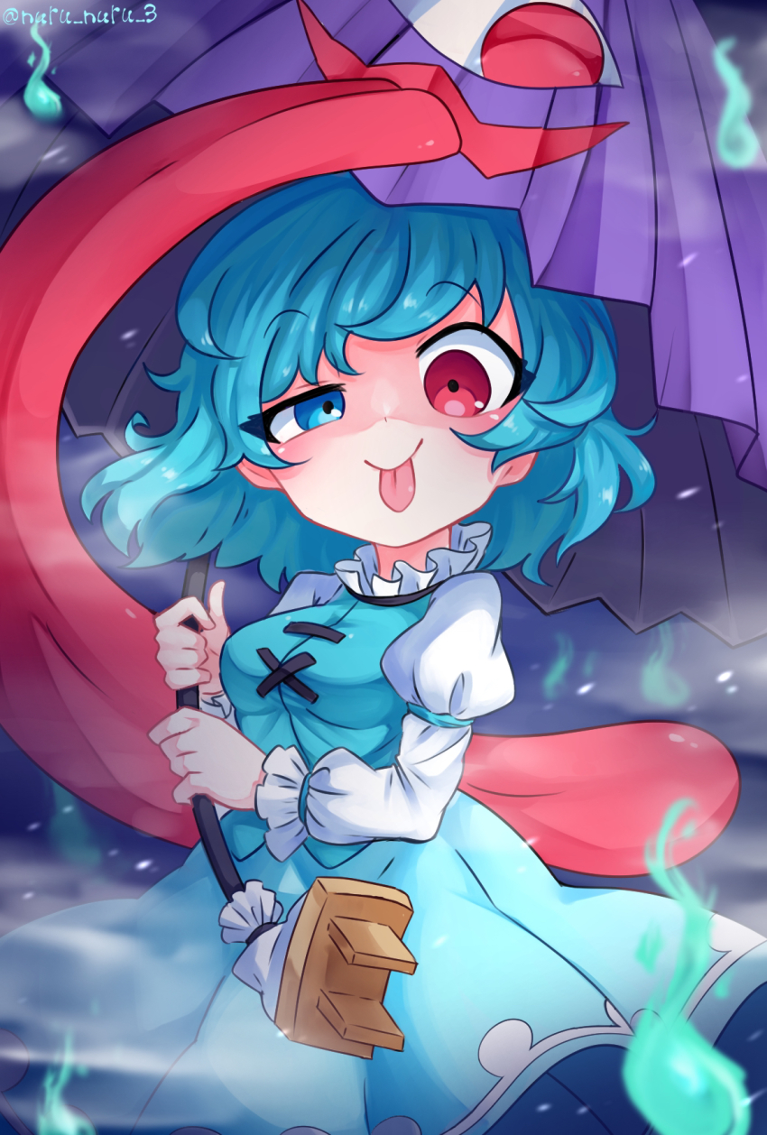 1girl, blue_eyes, blue_hair, blue_skirt, blue_vest, heterochromia, highres, holding