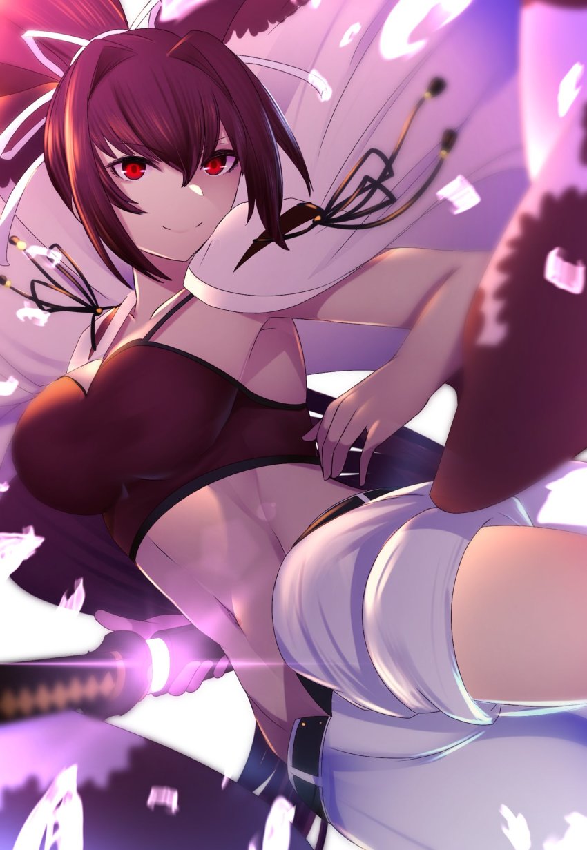 blurry, breasts, camisole, capri_pants, coat, coat_on_shoulders, crop_top, depth_of_field