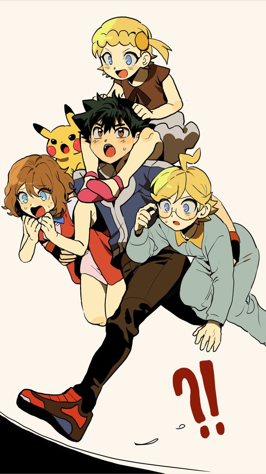 !?, 2boys, 2girls, :d, ahoge, ash_ketchum, black_hair, blonde_hair