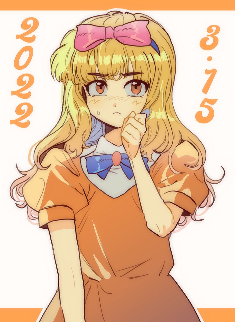 1boy, ash_ketchum, ashley_(pokemon), blonde_hair, blue_hairband, blue_ribbon, clenched_hand, closed_mouth, commentary_request, crossdressing, crossdressing_(mtf), dated, dress, frown, hair_ribbon, hairband, hand_up, long_hair, male_focus, neck_ribbon, nintendo, orange_dress, orange_eyes, pink_ribbon, pokemon, pokemon_(anime), pokemon_(classic_anime), ribbon, short_sleeves, smile_ball0401, solo