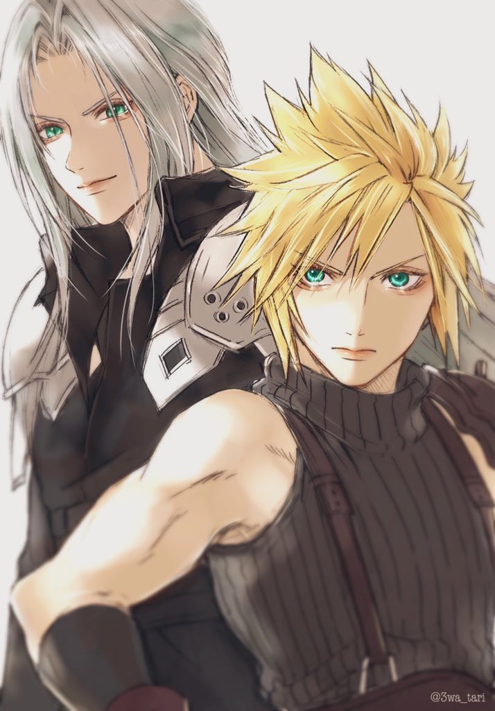 2boys, 3wa_tari, aqua_eyes, armor, belt, black_jacket, blonde_hair, cloud_strife