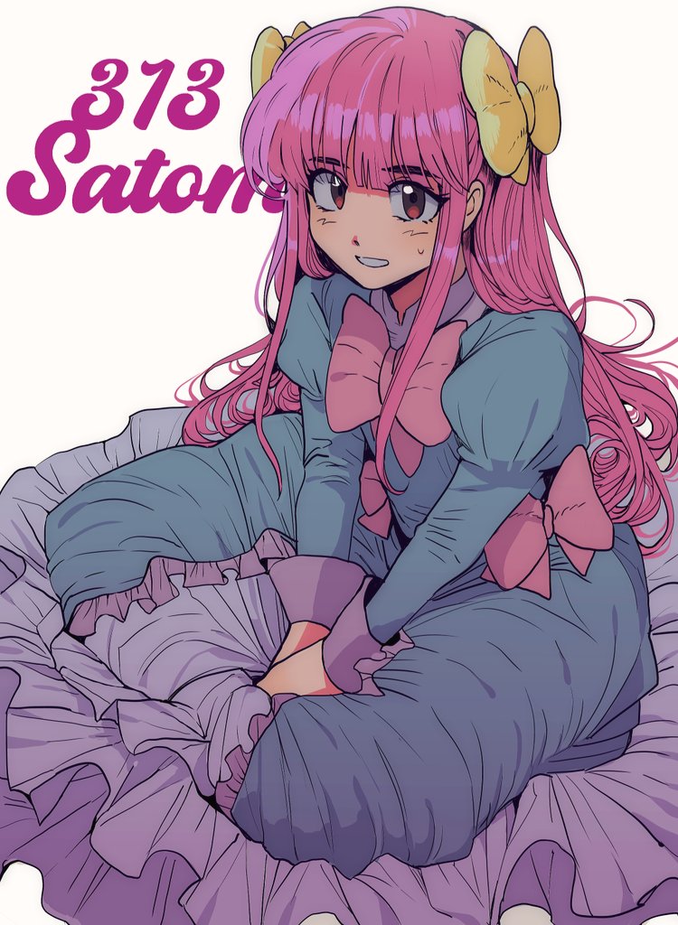 1boy, ash_ketchum, ashley_(pokemon_bw098), bow, brown_eyes, character_name, commentary_request, crossdressing, crossdressing_(mtf), dress, frills, green_dress, hair_bow, long_hair, long_sleeves, looking_at_viewer, male_focus, nintendo, pink_bow, pink_hair, pokemon, pokemon_(anime), pokemon_the_series:_black_&amp;_white, sidelocks, sitting, smile, smile_ball0401, solo, sweatdrop, white_background, yellow_bow