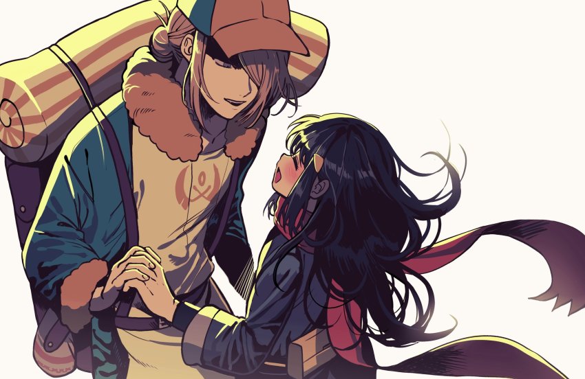 1boy, 1girl, :d, akari_(pokemon), backpack, bag, belt, black_hair