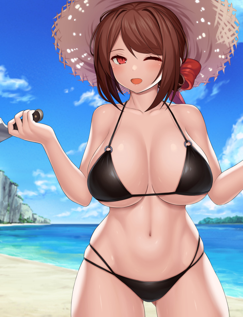 1girl, abs, asamura_hiori, beach, bikini, black_bikini, bow, breasts