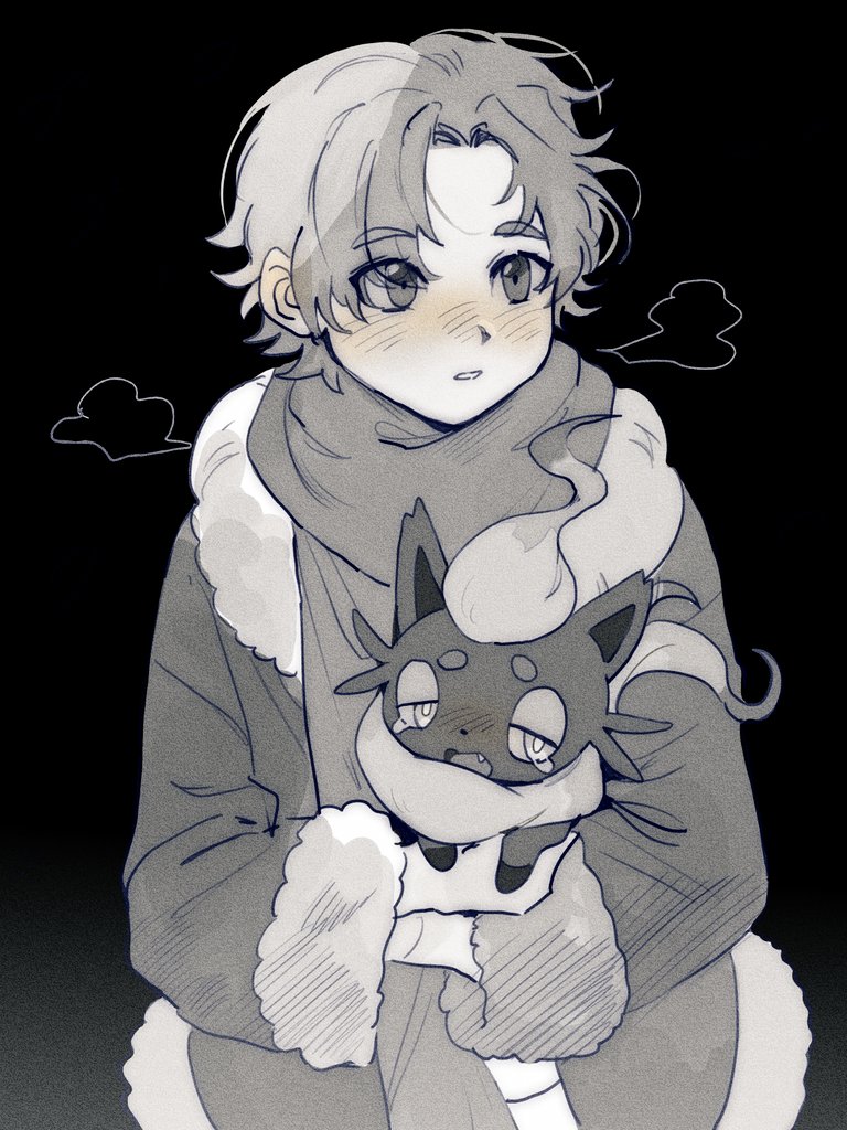 1boy, alec_(pokemon), black_background, blush, breath, commentary_request, fang, fur-trimmed_jacket