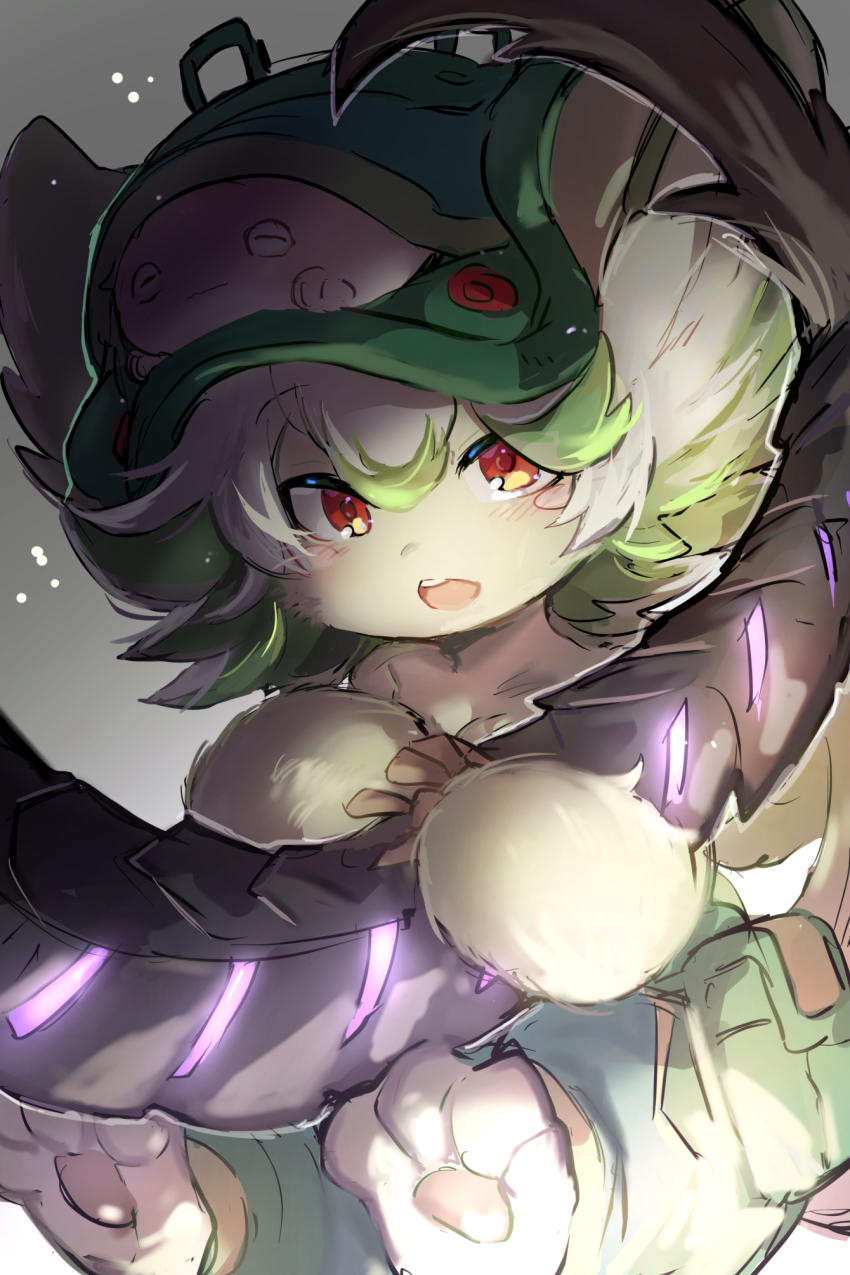 1boy, 1girl, :o, barefoot, bondrewd, claws, furrification, furry, furry_female, glowing, green_hair, green_headwear, green_pants, grey_background, highres, holding_another's_tail, holding_tail, looking_at_viewer, made_in_abyss, meinya_(made_in_abyss), multicolored_hair, on_head, open_mouth, out_of_frame, pants, pouch, prushka, prushka_(furry), red_eyes, short_hair, solo_focus, streaked_hair, suurin_(ksyaro), tail, two-tone_hair, white_hair