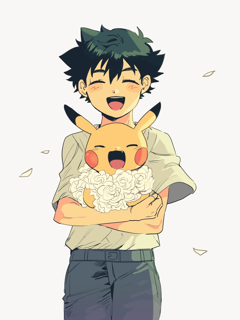 1boy, :d, ash_ketchum, blush_stickers, closed_eyes, commentary_request, falling_petals, flower