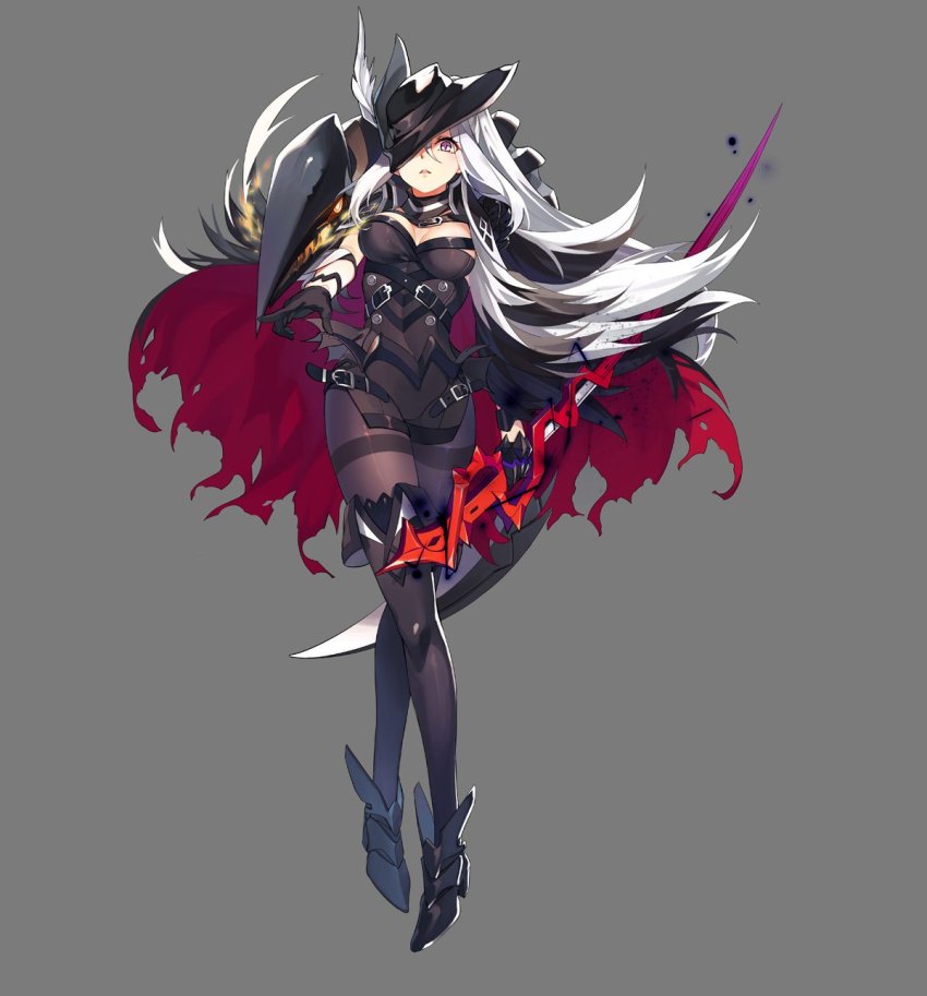 1girl, armored_shoes, aura, boots, breasts, cape, cleavage, dark_aura