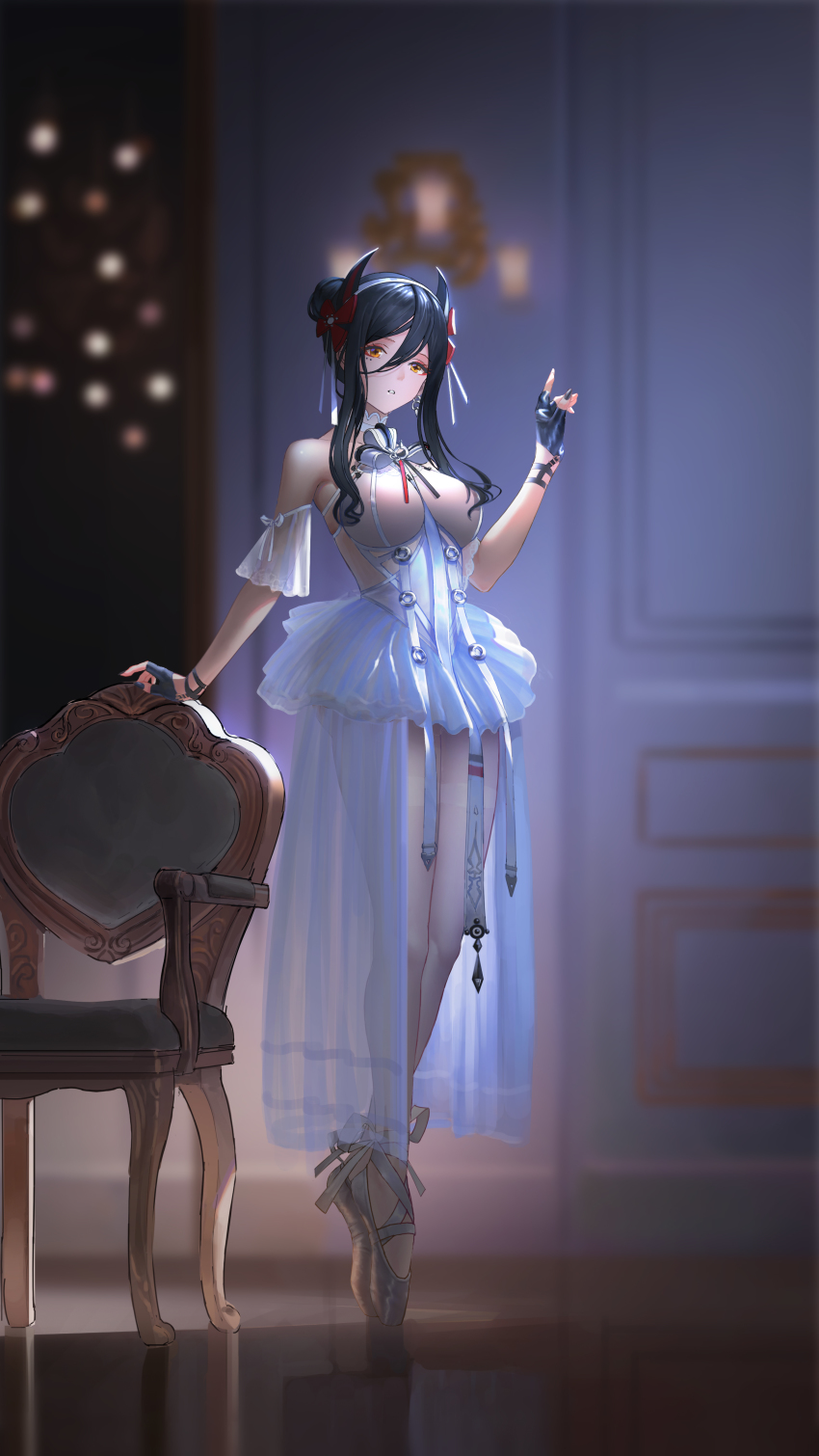 1girl, absurdres, alternate_costume, another-m, arknights, ballerina, ballet_slippers, bare_shoulders, black_gloves, black_hair, black_nails, bow, breasts, chair, detached_sleeves, dress, fingerless_gloves, fingernails, full_body, gloves, hair_between_eyes, hair_bow, hair_bun, highres, horns, indoors, ines_(arknights), large_breasts, long_fingernails, long_hair, mole, mole_under_eye, nail_polish, neck_ribbon, pantyhose, parted_lips, photo-referenced, red_bow, red_eyes, reflective_floor, ribbon, see-through_clothes, short_sleeves, sidelocks, single_hair_bun, solo, standing, thighband_pantyhose, tiptoes, white_dress, white_pantyhose, white_ribbon