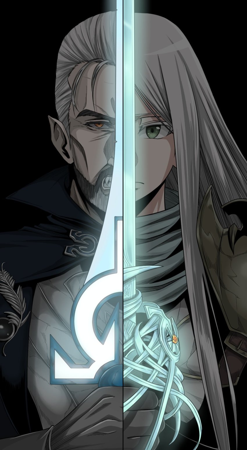 1boy, 1girl, ascot, beard, black_background, black_cape, black_gloves, blouse