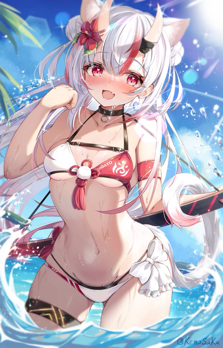 1girl, :d, animal_ears, armband, bikini, blush, breasts, cat_ears, cat_tail, commentary_request, day, double_bun, earrings, fang, flower, gluteal_fold, hair_bun, hair_flower, hair_ornament, heart, heart_earrings, highres, hololive, horns, jewelry, keesuke_(kkosyoku), kemonomimi_mode, multicolored_bikini, multicolored_hair, nakiri_ayame, navel, nose_blush, open_mouth, outdoors, red_eyes, red_hair, sheath, sheathed, skin-covered_horns, skin_fang, skindentation, small_breasts, smile, solo, streaked_hair, swimsuit, tail, thigh_strap, twitter_username, two-tone_bikini, virtual_youtuber, wading, water, weapon, weapon_on_back, white_bikini, white_hair
