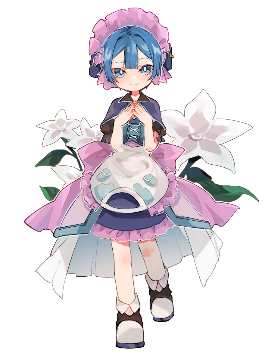 1boy, apron, blue_capelet, blue_corset, blue_eyes, blue_hair, blunt_bangs, bonnet