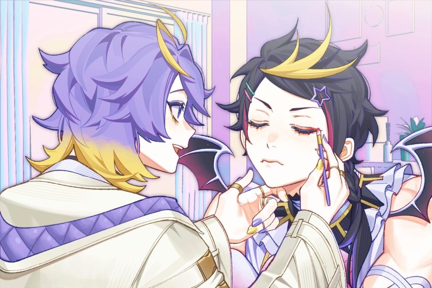 2boys, ahoge, applying_makeup, aster_arcadia, aster_arcadia_(1st_costume), babyseven_77, black_hair, blonde_hair