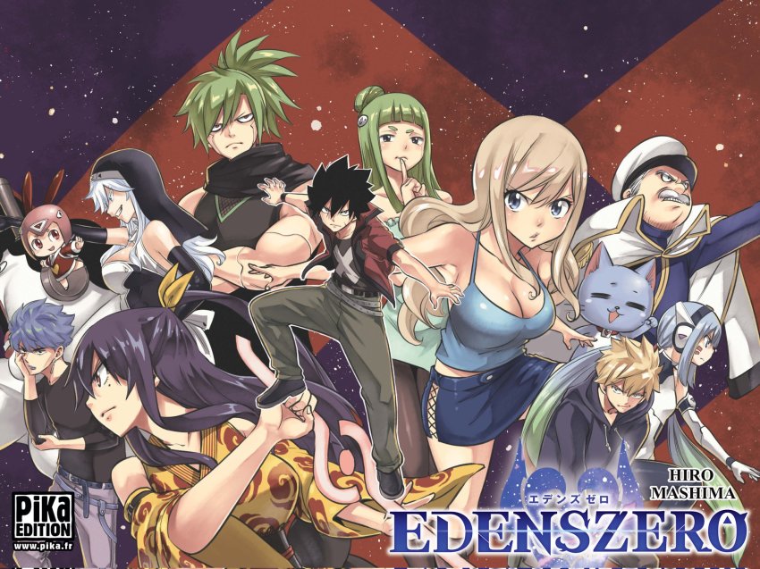 2others, 5boys, 5girls, black_hair, blonde_hair, blue_eyes, breasts, cleavage, copyright_name, eden's_zero, happy_(eden's_zero), hermit_mio, highres, homura_kogetsu, kleene_(eden's_zero), laguna_husert, large_breasts, long_hair, mashima_hiro, mole, mole_under_eye, mosco_versa-0, multiple_boys, multiple_girls, multiple_others, official_art, pino_(eden's_zero), rebecca_bluegarden, shiki_granbell, sister_ivry, weisz_steiner