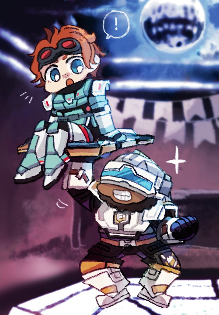 !, 1boy, 1girl, :o, andonkurage, animification, apex_legends, armor