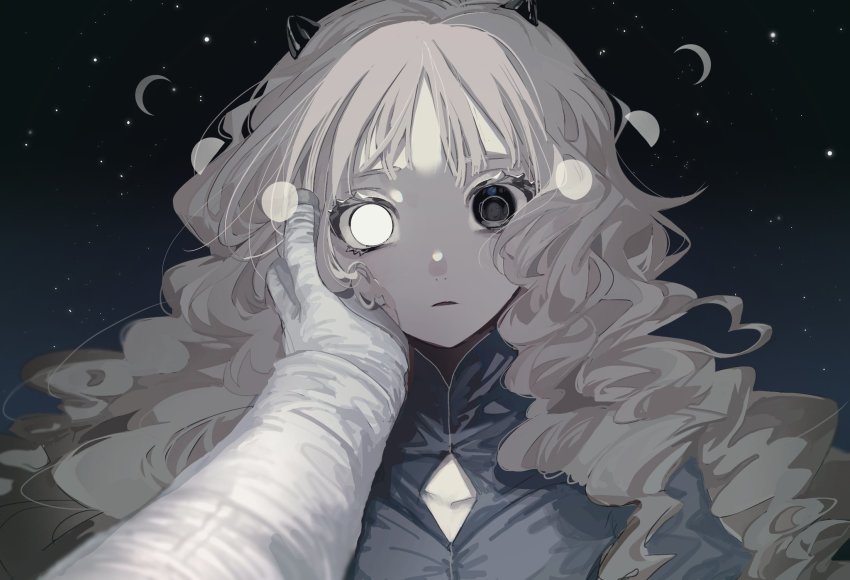 1girl, black_eyes, collarbone, crescent_moon, curly_hair, eyelashes, full_moon, gloves