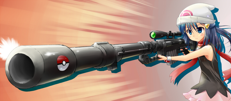 00s, 1girl, anti-materiel_rifle, beanie, blue_eyes, blue_hair, bolt_action, cheytac_m-200_intervention, cheytac_m200, dawn_(pokemon), female_focus, foreshortening, gun, hat, holding, matching_hair/eyes, nintendo, poke_ball, poke_ball_theme, pokemon, pokemon_diamond/pearl/platinum, rifle, scarf, scope, sniper_rifle, solo, tenjou_ryuka, weapon