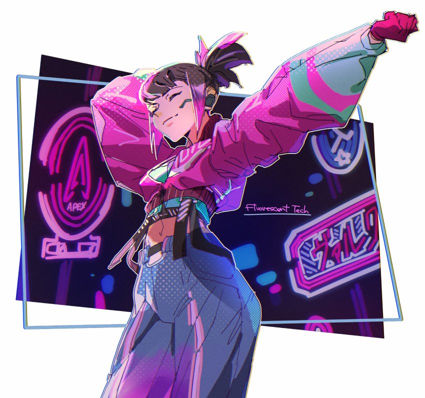 1girl, ^_^, animification, apex_legends, black_hair, blue_pants, breasts, closed_eyes, colored_tips, fluorescent_tech_valkyrie, highres, jacket, medium_breasts, multicolored_hair, navel, official_alternate_costume, pants, pink_hair, pink_jacket, ponytail, purple_hair, solo, streaked_hair, stretching, thundergotch, valkyrie_(apex_legends)